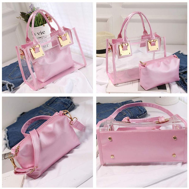 AlwaySky Women Transparent Shoulder Crossbody Bag, 2 in 1 Designer Fashion Handbag Tote Purse Waterproof Summer Beach Bag Satchel, Pink - Image 3